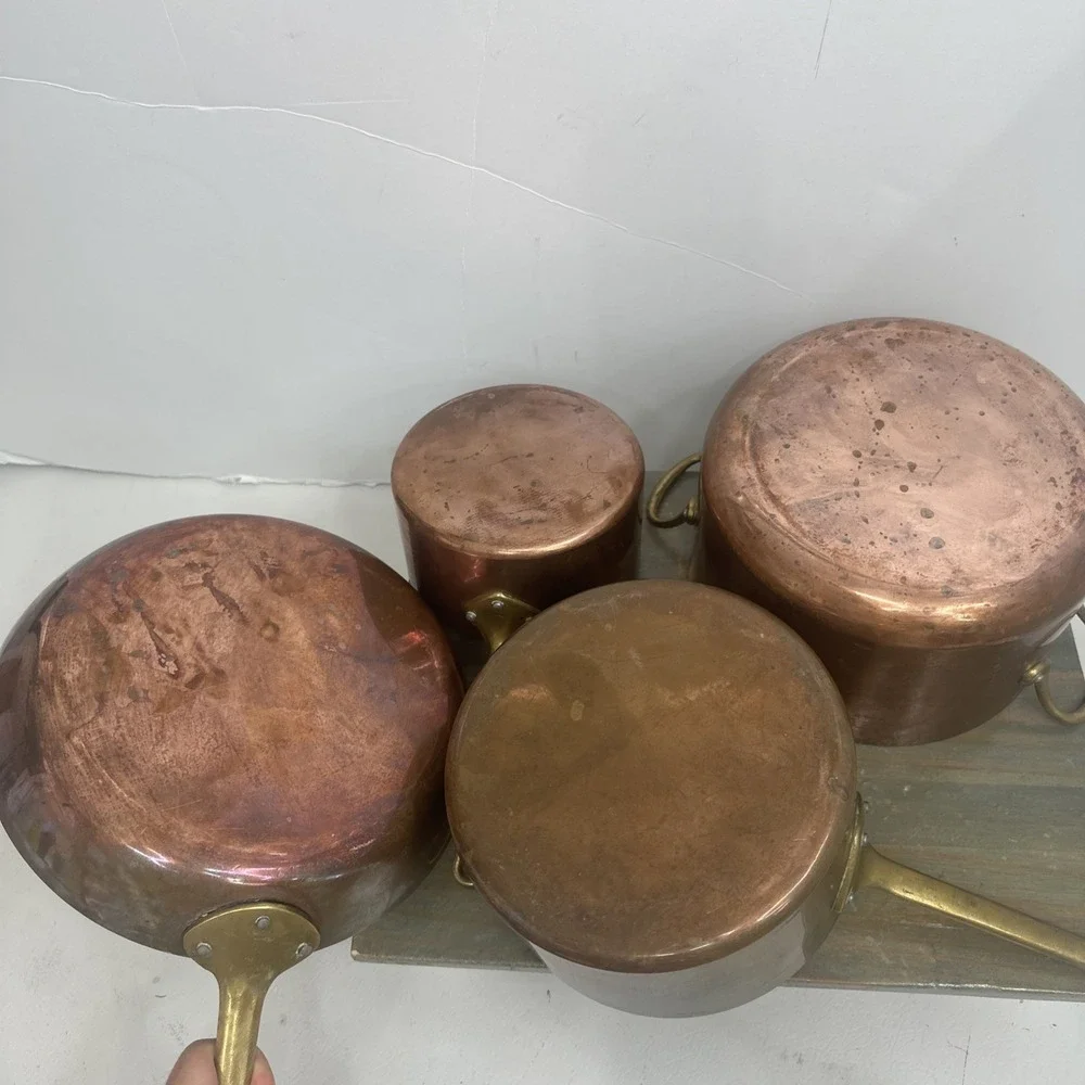 Vintage 4 Pc Set Graduating Copper Pot Brass Handles Tin Lined Made In France